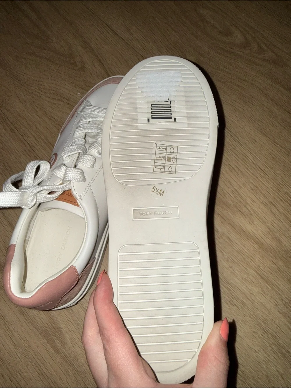 Tory Burch White Leather Sneakers with Dusty Rose Accents